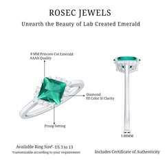 Certified 8 mm Lab Grown Emerald Princess Cut Engagement Ring with Diamond