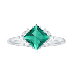 Certified 8 mm Lab Grown Emerald Princess Cut Engagement Ring with Diamond