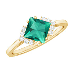 Certified 8 mm Lab Grown Emerald Princess Cut Engagement Ring with Diamond