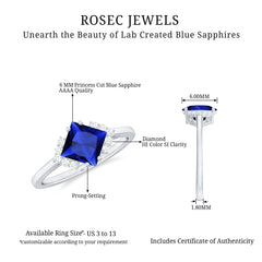 Certified 1.5 Carat Princess Cut Lab Grown Blue Sapphire Engagement Ring with Diamond