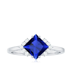 Certified 1.5 Carat Princess Cut Lab Grown Blue Sapphire Engagement Ring with Diamond