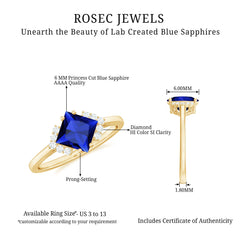 Certified 1.5 Carat Princess Cut Lab Grown Blue Sapphire Engagement Ring with Diamond
