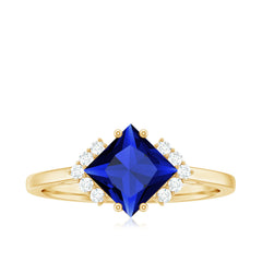 Certified 1.5 Carat Princess Cut Lab Grown Blue Sapphire Engagement Ring with Diamond