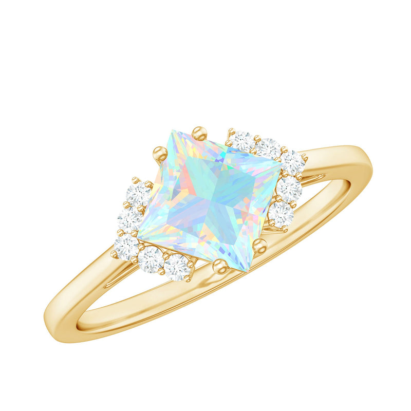 Natural Ethiopian Opal Princess Cut Engagement Ring with Diamond
