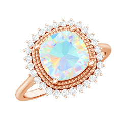 Natural 8mm Cushion Cut Opalescent Vintage Looking Engagement Ring with Diamond Halo