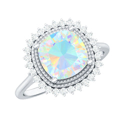 Natural 8mm Cushion Cut Opalescent Vintage Looking Engagement Ring with Diamond Halo