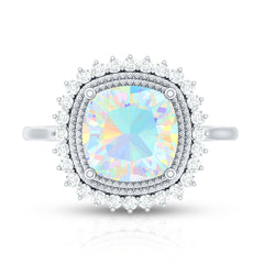 Natural 8mm Cushion Cut Opalescent Vintage Looking Engagement Ring with Diamond Halo