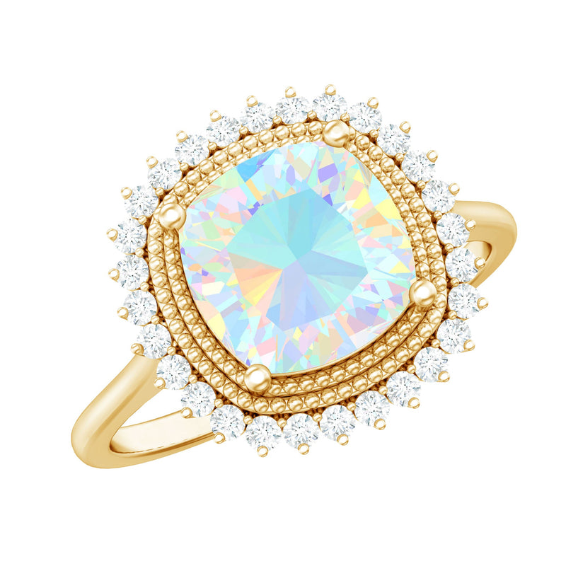 Natural 8mm Cushion Cut Opalescent Vintage Looking Engagement Ring with Diamond Halo