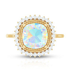 Natural 8mm Cushion Cut Opalescent Vintage Looking Engagement Ring with Diamond Halo