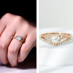 Natural Ethiopian Opal Diamond Wedding Bridal Ring Set of 2