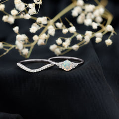 Natural Ethiopian Opal Diamond Wedding Bridal Ring Set of 2