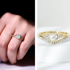 Natural Ethiopian Opal Diamond Wedding Bridal Ring Set of 2