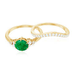 Natural Emerald Diamond Wedding Bridal Ring Set of 2