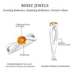 Certified Real Citrine Engagement Ring with Diamond Criss Cross Shank
