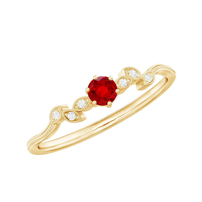 Created Ruby and Diamond Leaf Promise Ring with Beaded Gold