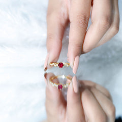 Created Ruby and Diamond Leaf Promise Ring with Beaded Gold