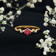 Created Ruby and Diamond Leaf Promise Ring with Beaded Gold
