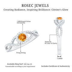 Natural Citrine Diamond Engagement Ring with Criss Cross Shank