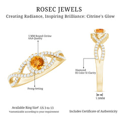 Natural Citrine Diamond Engagement Ring with Criss Cross Shank