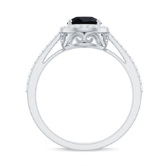 Natural Black Spinel Teardrop Engagement Ring with Diamond Halo
