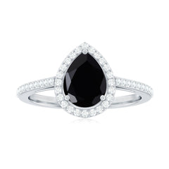 Natural Black Spinel Teardrop Engagement Ring with Diamond Halo