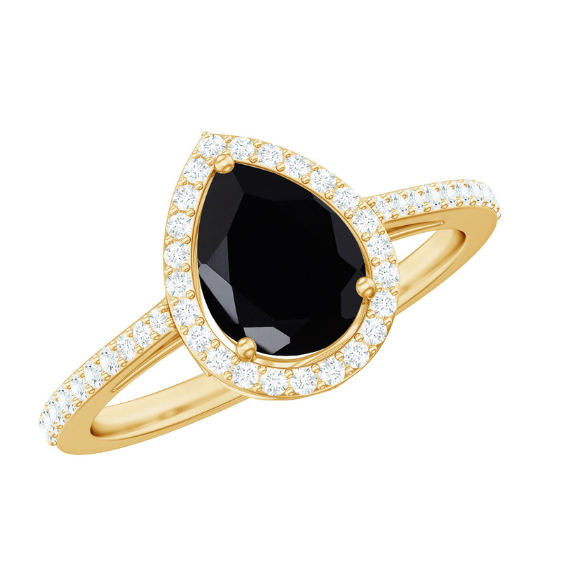 Natural Black Spinel Teardrop Engagement Ring with Diamond Halo