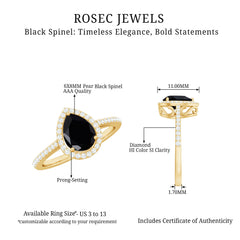 Natural Black Spinel Teardrop Engagement Ring with Diamond Halo