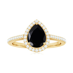 Natural Black Spinel Teardrop Engagement Ring with Diamond Halo