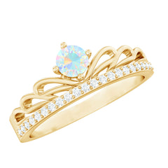 Natural Ethiopian Rainbow Opal Crown Promise Ring with Diamond
