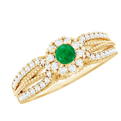 Natural Emerald Vintage Looking Engagement Ring with Diamond
