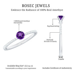 Round Amethyst Solitaire Engagement Ring with Diamond
