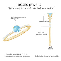 Natural Aquamarine Solitaire Ring with Diamond Side Stones