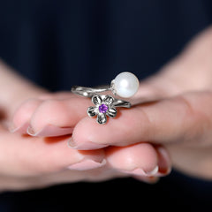 Freshwater Pearl and Amethyst Floral Toi Et Moi Ring