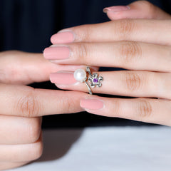 Freshwater Pearl and Amethyst Floral Toi Et Moi Ring