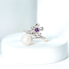 Freshwater Pearl and Amethyst Floral Toi Et Moi Ring