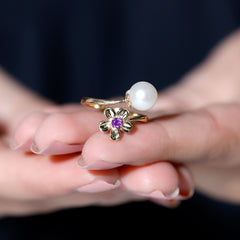 Freshwater Pearl and Amethyst Floral Toi Et Moi Ring