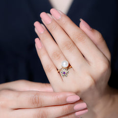 Freshwater Pearl and Amethyst Floral Toi Et Moi Ring