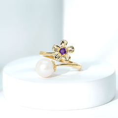 Freshwater Pearl and Amethyst Floral Toi Et Moi Ring