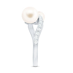 2 Stone Freshwater Pearl Cocktail Ring with Diamond Curved Band