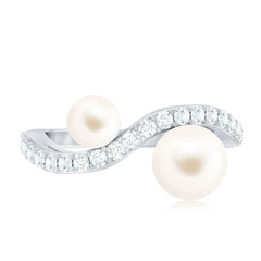 2 Stone Freshwater Pearl Cocktail Ring with Diamond Curved Band