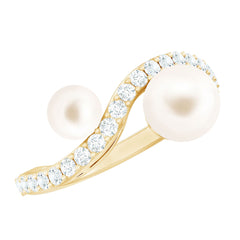 2 Stone Freshwater Pearl Cocktail Ring with Diamond Curved Band
