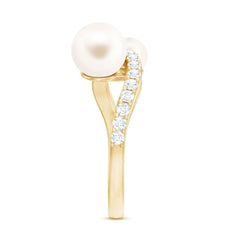 2 Stone Freshwater Pearl Cocktail Ring with Diamond Curved Band