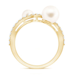 2 Stone Freshwater Pearl Cocktail Ring with Diamond Curved Band