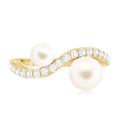 2 Stone Freshwater Pearl Cocktail Ring with Diamond Curved Band