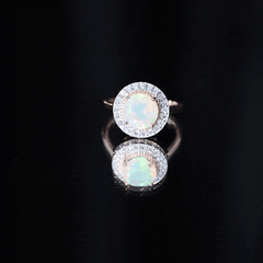 Vintage Inspired 8mm Ethiopian Opal Engagement Ring with Diamond Halo