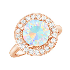 Vintage Inspired 8mm Ethiopian Opal Engagement Ring with Diamond Halo