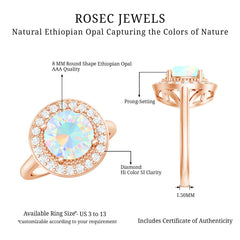 Vintage Inspired 8mm Ethiopian Opal Engagement Ring with Diamond Halo