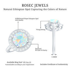 Vintage Inspired 8mm Ethiopian Opal Engagement Ring with Diamond Halo
