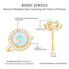 Vintage Inspired 8mm Ethiopian Opal Engagement Ring with Diamond Halo