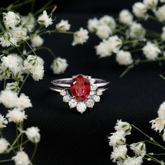 Oval Created Ruby Solitaire Wedding Ring Set with Diamond